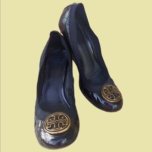 Tory Burch Caroline Black Patent Leather Women's Wedge Shoes size 8.5